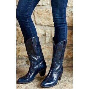 DEXTER Navy Blue Leather Tall Western Stitching High Heeled Boots 8.5N